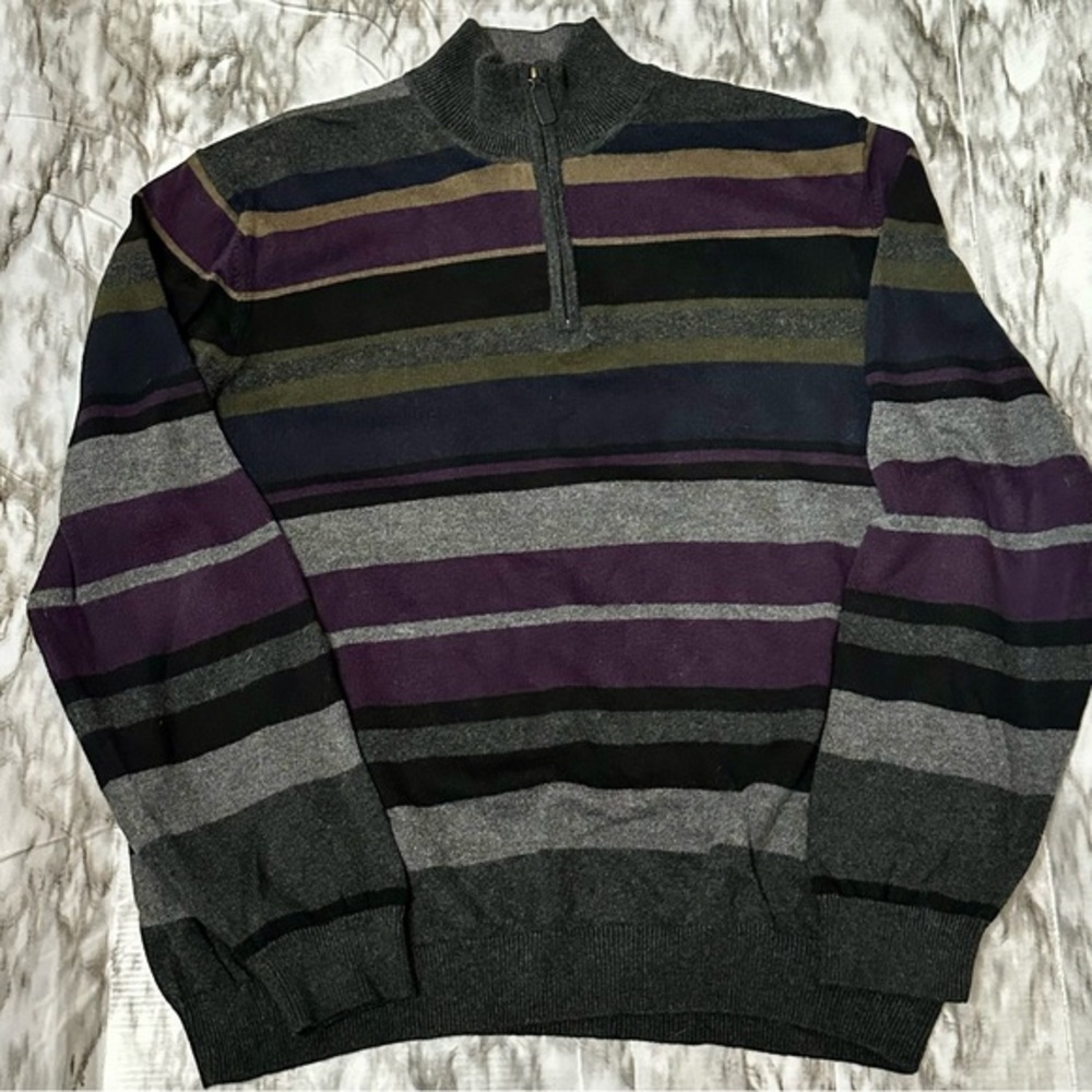Eddie Bauer Men's Multi-Striped Quarter Zip-Up Sweater Cashmere Blend Y2K Vibes